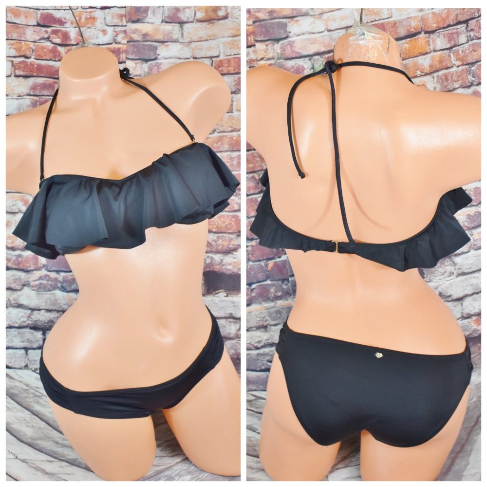 Victorias secret Small Medium Black Ruffle Bandeau Bikini NWOT Gold Hardware